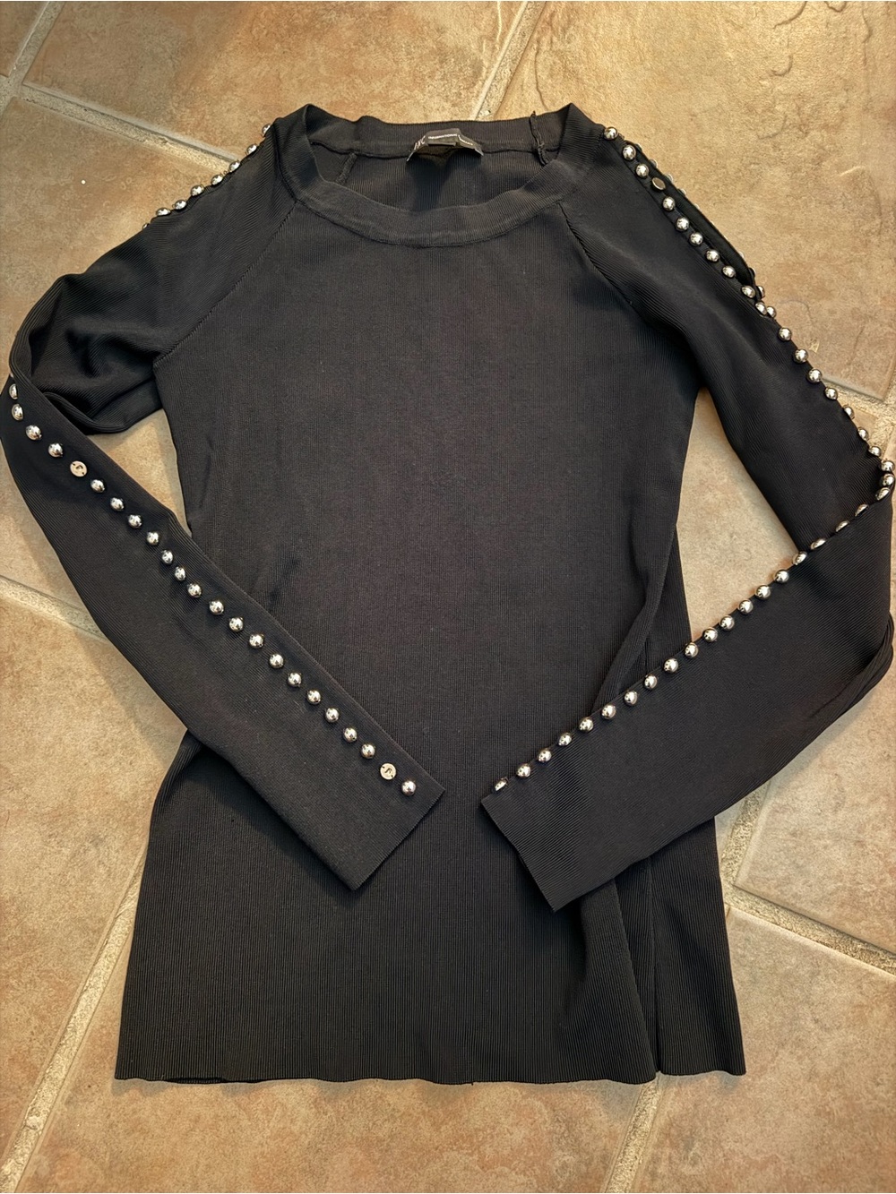INC International Concepts Black Long-Sleeve Studded Sleeve Top